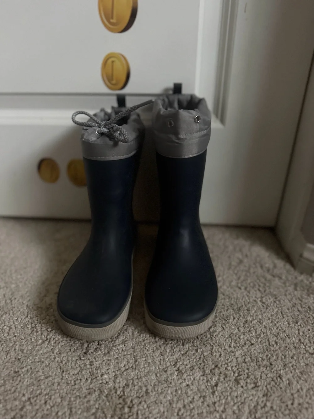 Kids Navy and Gray Waterproof Rain Boots one lace is missing